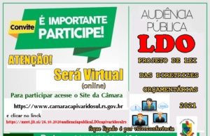 ATENÇÃO NOVA DATA DA AUDIÊNCIA PÚBLICA PROJETO DE LEI DAS DIRETRIZES ORÇAMENTÁRIAS 2021
