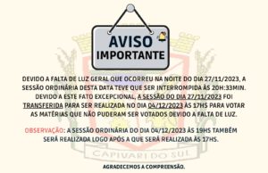 AVISO SESSÃO TRANSFERIDA PARA 04/12/2023