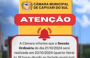Sessão Ordinária do dia 21/10/2024 será dia 23/10/2024