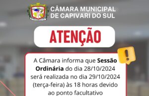 Sessão Ordinária do dia 28/10/2024 será dia 29/10/2024