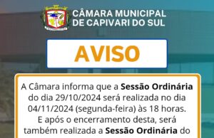 Sessão Ordinária do dia 29/10/2024 será realizada no dia 04/11/2024