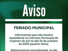 Aviso de Feriado Municipal dia 22 de Outubro de 2025