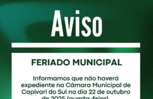 Aviso de Feriado Municipal dia 22 de Outubro de 2025